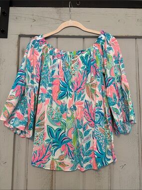 Lilly Pulitzer Multicolor Pink Teal Floral Off-Shoulder Top